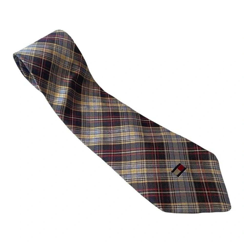 Tommy Hilfiger Plaid Silk Necktie Mens One Size Navy Yellow Check Business Tie